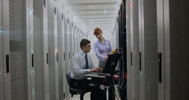 An aisle view of Caucasian man and woman working together in a server room using a laptop and a digital cable analyzer, with data encryption background