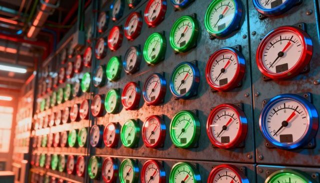 Displaying color-coded analog pressure gauge panel on weathered industrial metal