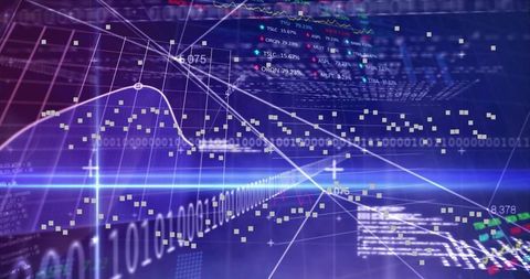 Futuristic 3D Holographic Data Dashboard with Neon Binary Stream and Trend Lines