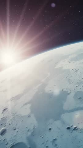 Vertical lunar video showing low orbit craters, basins and sunlit limb flare