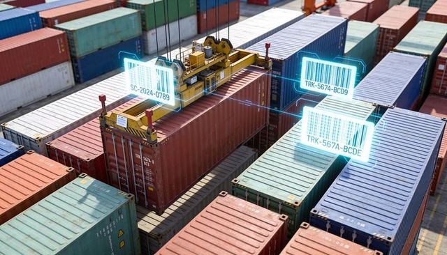 Automated gantry crane lifting container in smart port with barcode tracking overlay