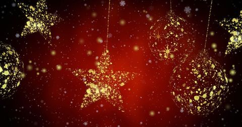 digitally generated imagery featuring glittering golden stars and baubles set against a lively red backdrop evokes holiday spirit. suitable for christmas greetings, holiday season promotions, and new year celebration advertisements. enhances design themes related to festivity and warmth.