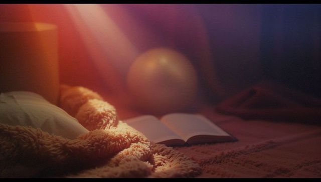 Cozy bedroom retreat with open book and plush blanket