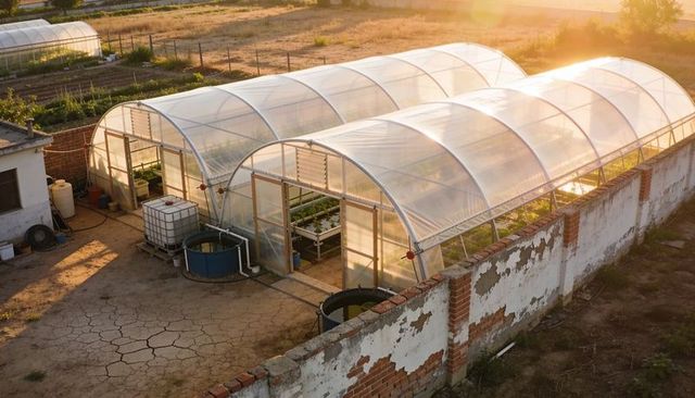 Sunlit hoop greenhouses glowing at golden hour with irrigation tanks on rural farm