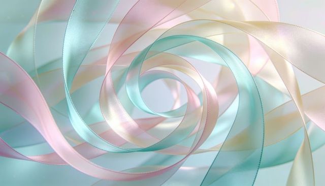 Swirling pastel satin ribbons creating ethereal spiral tunnel with gold-stitched edges