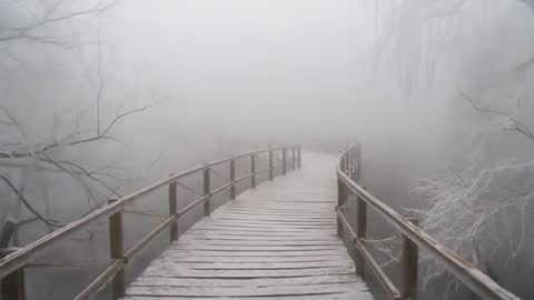 Moving camera advancing along frosted wooden boardwalk curving into dense morning fog