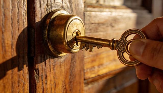 Inserting antique brass skeleton key into round deadbolt on sunlit wooden door