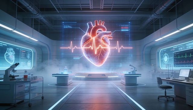 Holographic human heart pulsing in futuristic cardiac lab with ecg waveform display