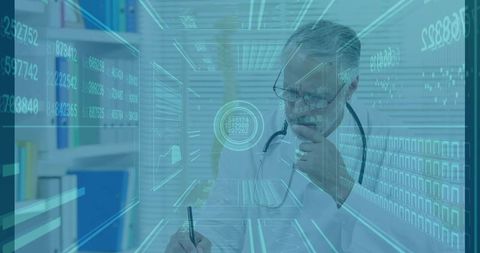 Doctor Analyzing Holographic Data Patterns in Modern Office