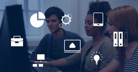Young professionals collaborating at computer with cloud, data and technology icons overlay