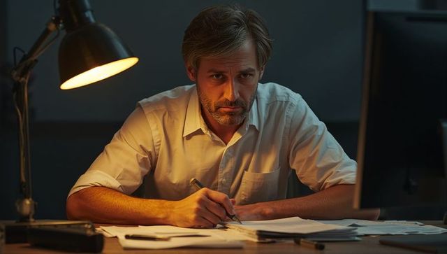 Middle-aged Professional Working Late Reviewing Documents Under Warm Desk Lamp