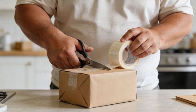 Man sealing cardboard parcel with clear tape and scissors on kitchen counter for ecommerce shipping