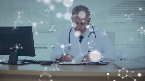 Male Doctor Analyzing Data with Futuristic Network Overlay