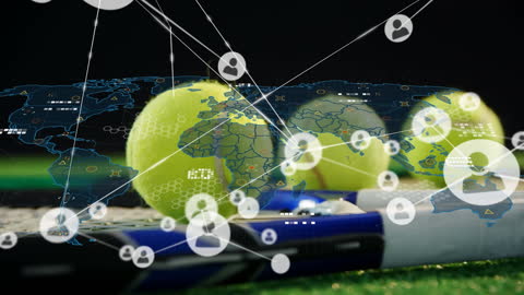 Global Tennis Connection Concept Overlay with World Map and Technologies