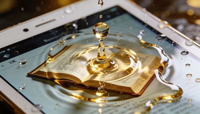 Golden water splash rising over open book on tablet screen reflecting gilded pages