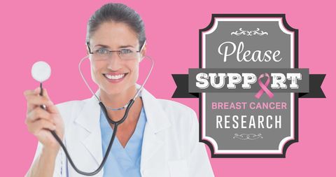 Smiling Female Doctor Holding Stethoscope for Breast Cancer Awareness