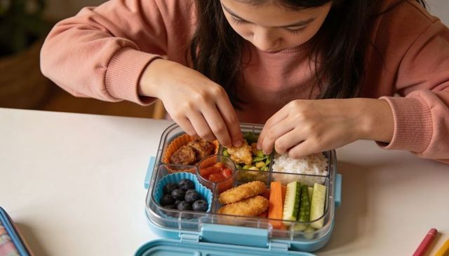 Child picking nugget from blue bento lunchbox with rice, veggies, blueberries
