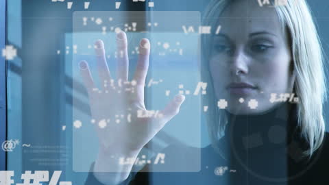 Woman Interacting with Futuristic Digital Interface for Data Processing