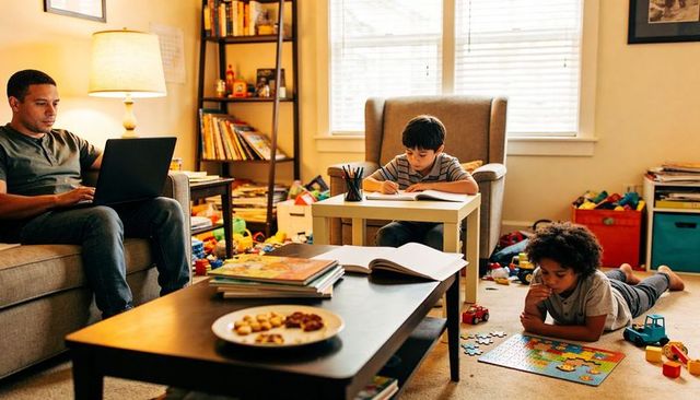 Working dad typing on laptop while kids solving puzzle in cozy cluttered living room