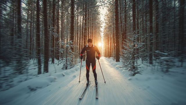 Cross-country skier gliding through snowy forest at sunrise