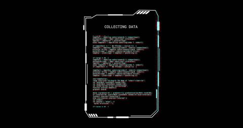 Glitching Cyberpunk HUD Terminal Display with COLLECTING DATA Label, Neon Cyan Magenta Code