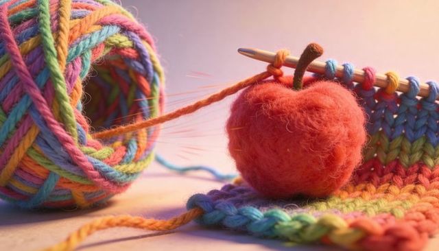 Felted apple sitting on knitted swatch with multicolored yarn linking to wooden needles