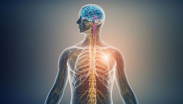 Human anatomy illustration showing brain and nervous system