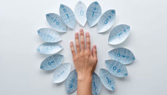 Hand placing numeric paper petals into circular origami pattern on white surface