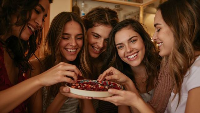 Laughing young women sharing bowl of berries, friends gathering in cozy kitchen