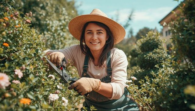 Smiling gardener pruning flowering shrubs wearing straw hat and denim overalls