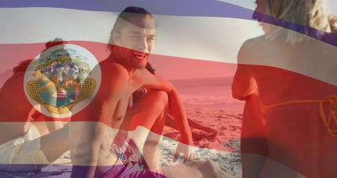 Friends Embracing Costa Rican Beach Vibes with Patriotism