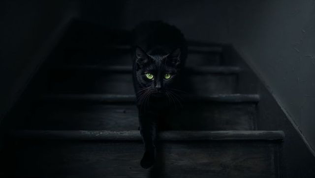 Descending black cat with piercing green eyes on moody wooden staircase, dramatic low light