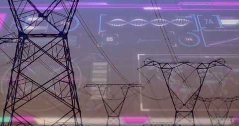 Futuristic high-voltage transmission towers at dusk with neon hud overlays and hazy grid corridor