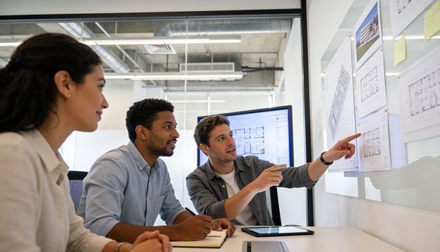 Team of Architects Collaborating Over Blueprints and Digital Plans in Modern Office Meeting