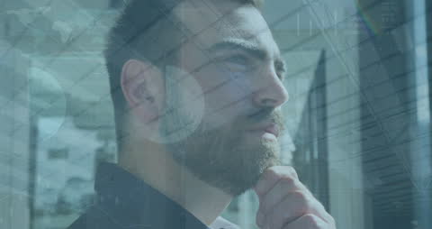Pensive Businessman Analyzing Digital Data Overlay
