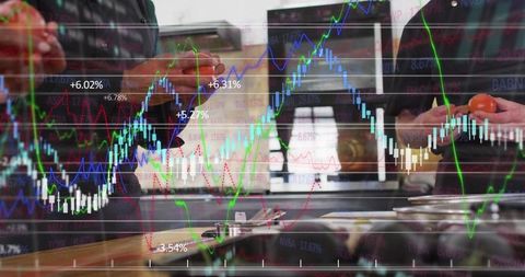 Culinary team preparing tomatoes on wooden counter with financial market charts overlay