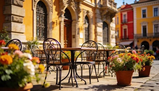 Sunlit european cafe terrace with ornate iron chairs and potted flowers on cobblestone