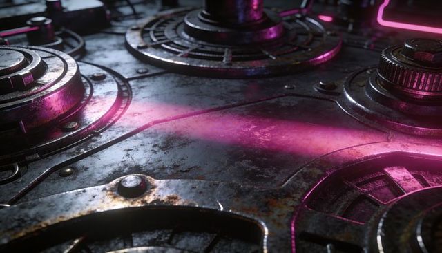Rusted industrial gear plate with magenta neon glow, bolts, discs and ridged knobs