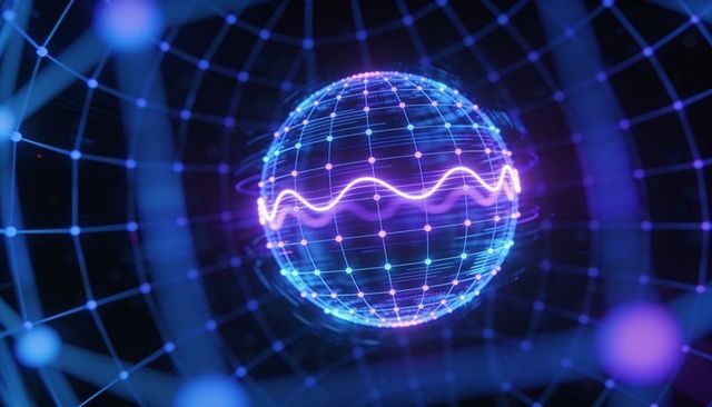 Neon holographic sphere with pulsing waveform and wireframe network for tech visuals