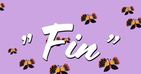 Whimsical butterfly scene with fin text on purple