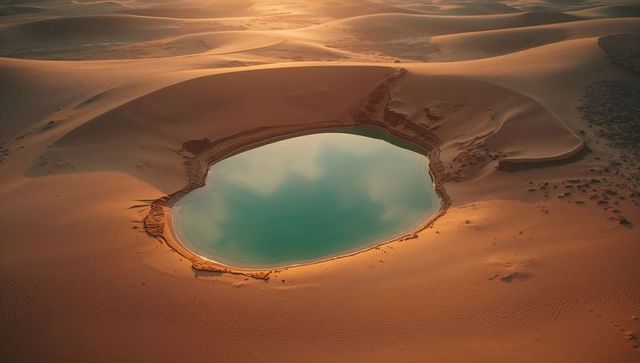 Turquoise oasis in desert landscape at sunset