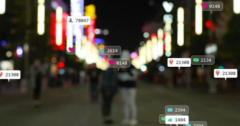 Urban night silhouettes with social media overlay and neon bokeh street lights