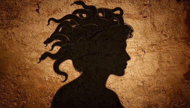 Medusa silhouette casting serpentine hair shadow on cracked ochre plaster wall