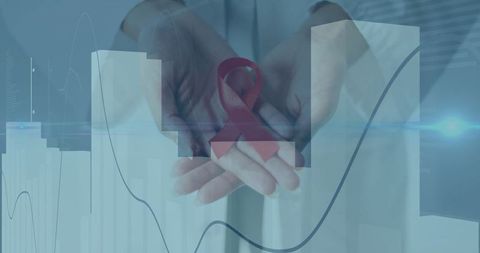 Medical professional holds red ribbon amidst digital data landscape
