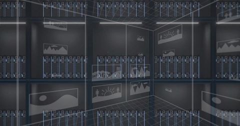 Reflecting server rack rows in symmetric high-tech data center with blue led lighting