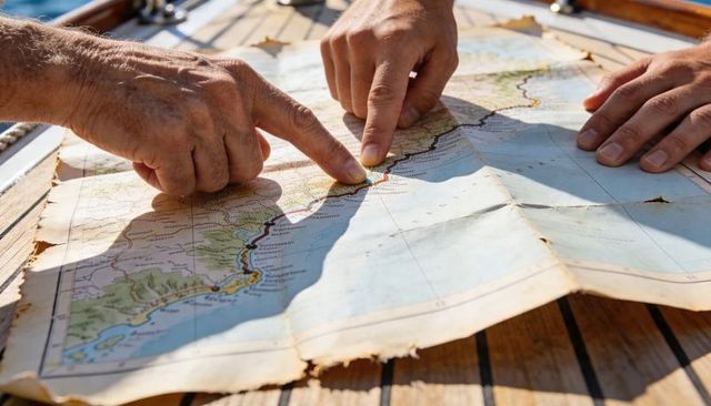Pointing and tracing coastal route on creased nautical chart on sunlit deck