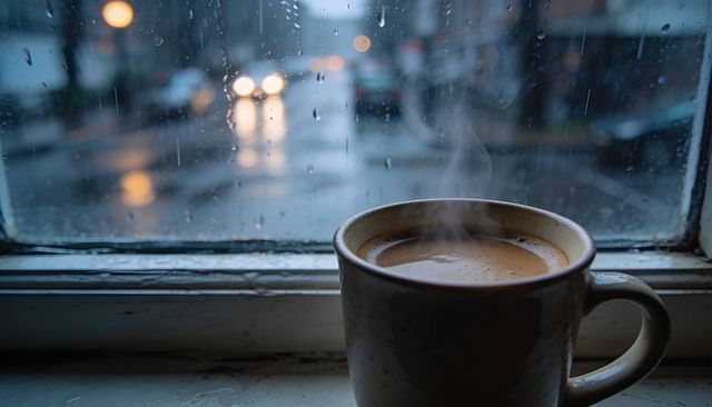 Steaming coffee mug on windowsill with rainy street bokeh and glowing headlights