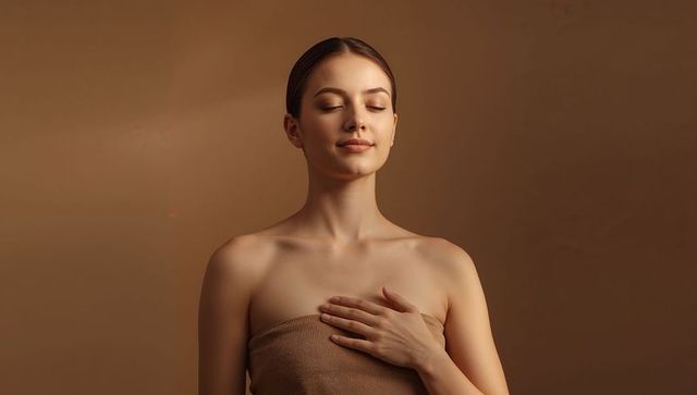 Serene woman practicing mindful breathing with hand on heart, skincare wellness portrait
