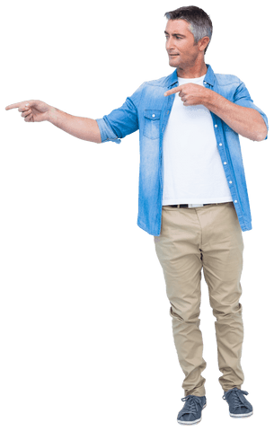 Smiling Man in Casual Apparel Pointing Away on Transparent Background