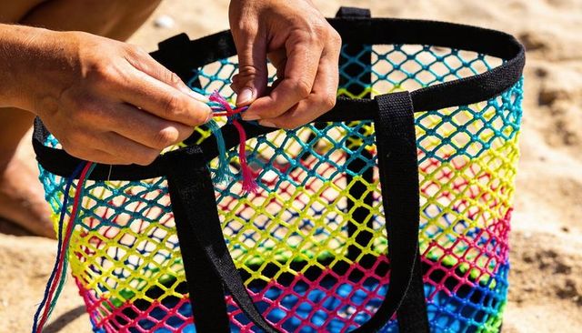 Tying braided cords on vibrant rainbow mesh beach tote with black straps on sand